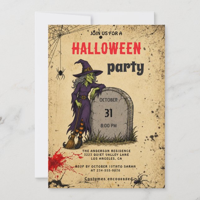Convite Cena de bruxa assustadora e lápide Festa de Hallow (Frente)