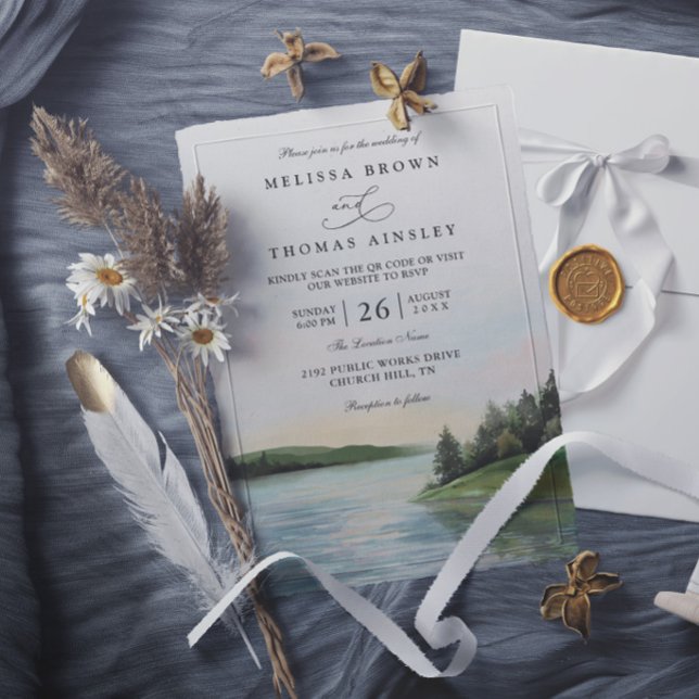 Convite Cena de casamento de montanha de lago de floresta  (Criador carregado)