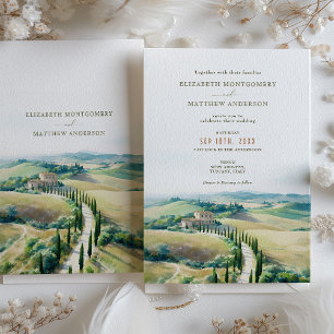 Convite Cena de Casamento em Tuscany com Paisagem em Aquar