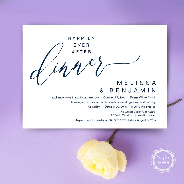 Convite Cena de Casamento Romântico Festa Após Felizes par (Happily Ever After Dinner Modern Romantic Wedding Romantic Party Invitation Card Navy Blue)