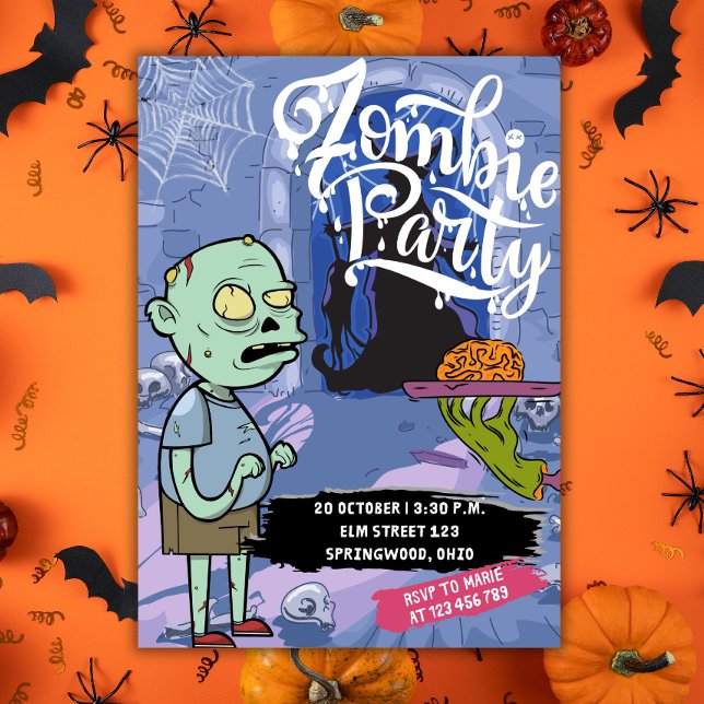 Convite Cena de Halloween Fiesta zombie (zombie invitation, halloween party dinner, brain zombie)