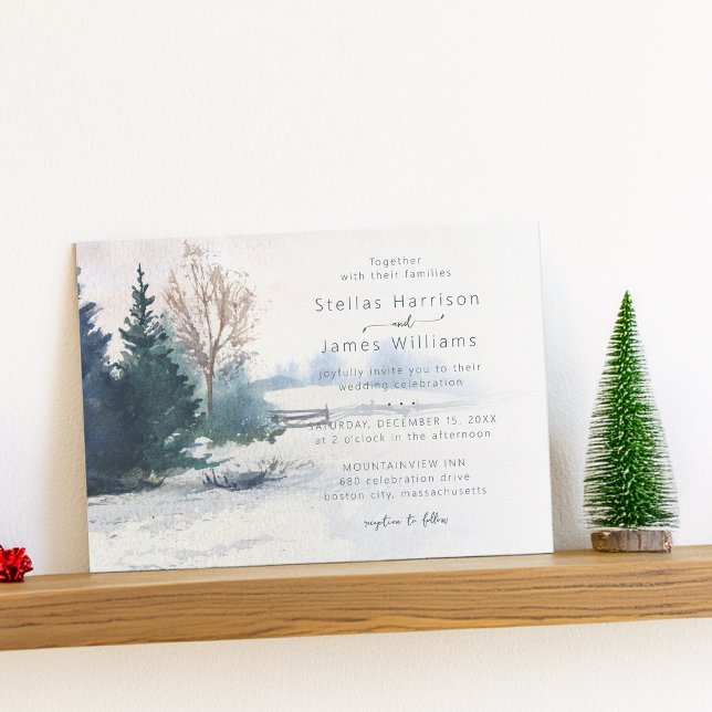 Convite Cena de Inverno Casamento Código QR Árvore de Pinh (Winter Scenery Pine Tree Wedding Invitation)
