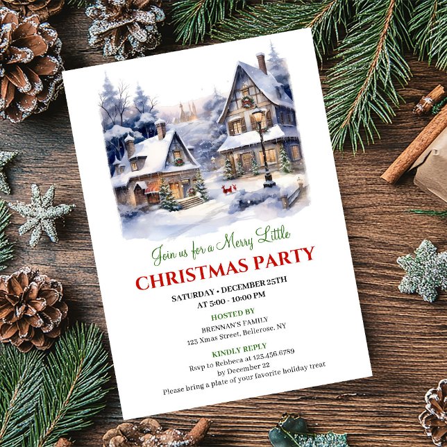 Convite Cena de inverno de uma vila de Natal caprichosa e  (Whimsical cozy Christmas village winter scene invite)
