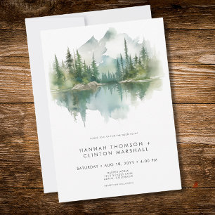 Convite Cena de Lago de Montanha Rústica Casamento Aquarel