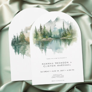 Convite Cena de Lago de Montanha Rústica em Aquarela Arco