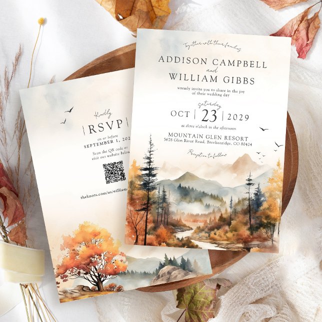 Convite Cena de montanha com árvore de outono em aquarela  (Rustic elegant Fall Trees watercolor forest mountain landscape terracotta QR code wedding invitation)