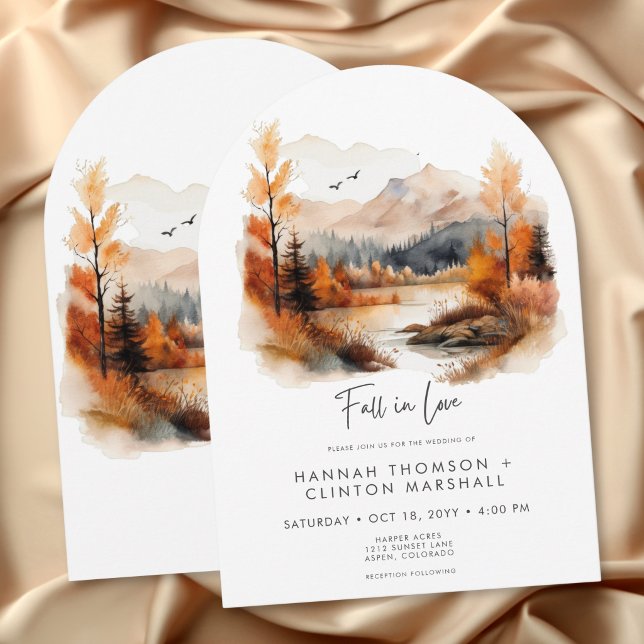 Convite Cena de Montanha de Outono Rústico no Arco de Casa (Rustic Fall In Love Mountain Scene Arch Wedding Invitation)