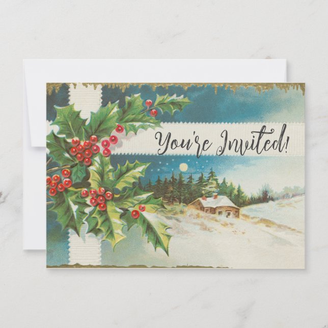 Convite Cena de Natal Azevinho Neve Inverno (Frente)