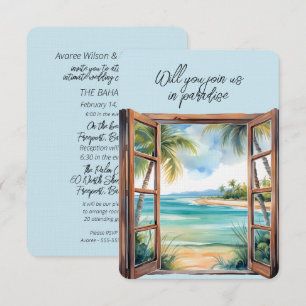 Convite Cena de praia com janela aberta paraíso tropical