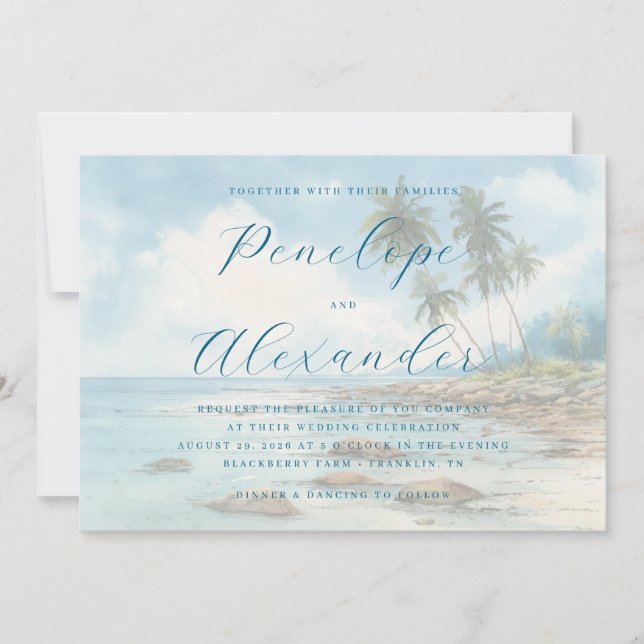 Convite Cena de Praia em Aquarela Azul Tranquila (Frente)