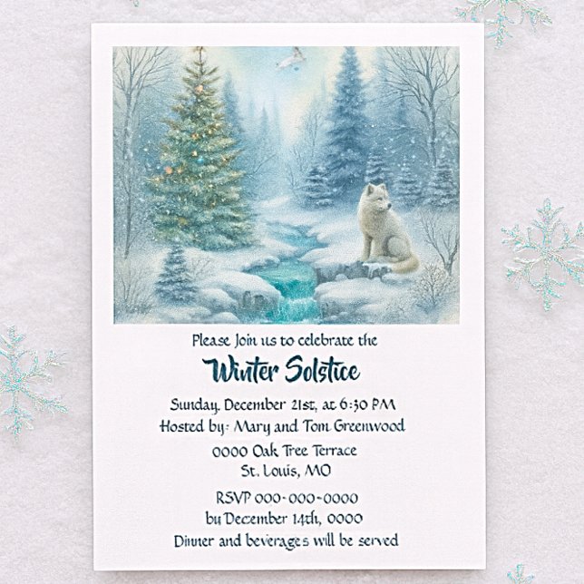 Convite Cena do Solstício de Inverno com Cena de Neve com  (Winter Solstice invitation with forest wolf, lantern glow, celestial accents and seasonal gatherings)