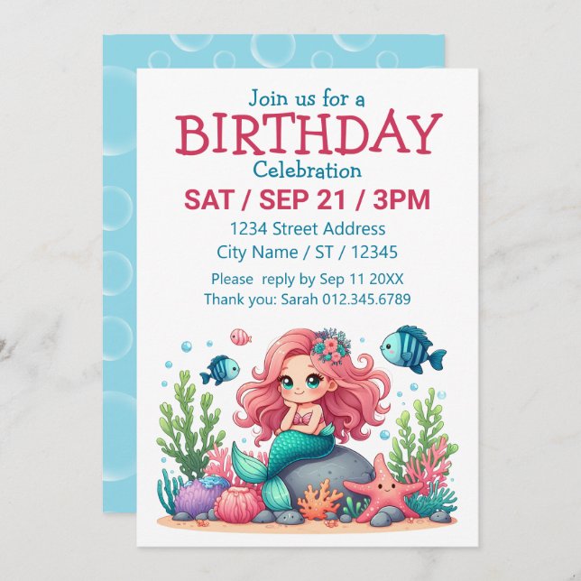 Convite Cena Fofa e Caprichosa de Sereia e Amigos Peixes (Frente/Verso)