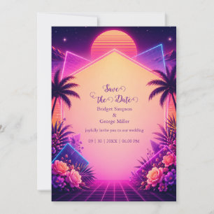 Convite Cenário de Sonho de Casamento Neon Pôr do Sol Retr