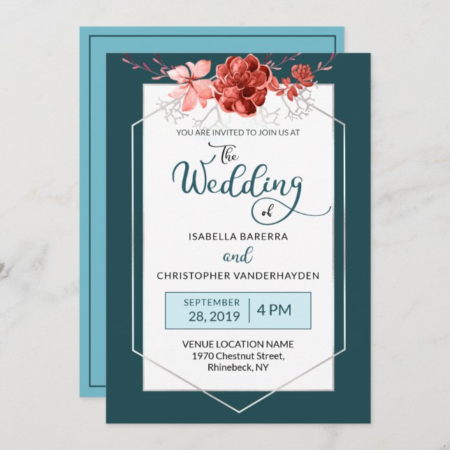 Convite Cerceta 2019 & casamento geométrico floral coral (Frente/Verso)