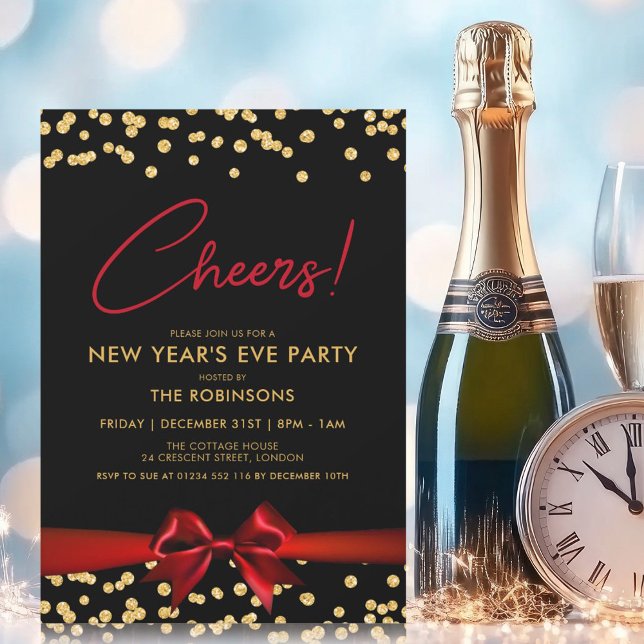 Convite CÉREBROS! Arco Vermelho Confetti Dourado do Partid (CHEERS! New Years Eve Party Gold Confetti Red Bow Invitation)