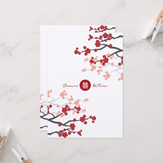 Convite Cereja Blossoms e Felicidade Dupla Casamento Chinê (Frente/Verso In Situ)