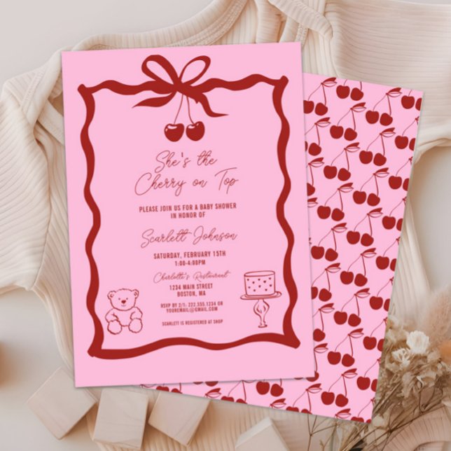 Convite Cereja branca no alto, rosa e Chá de fraldas verme (She's the Cherry on Top Baby Shower Invitation, It's a Girl, Pink and Red, Hand Drawn, Bow, Chic)