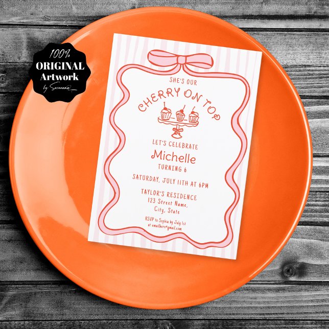 Convite Cereja de Arco rosa desenhada à mão no melhor aniv (red and pink bow ribbon, doodle with cupcakes with cherry on top)