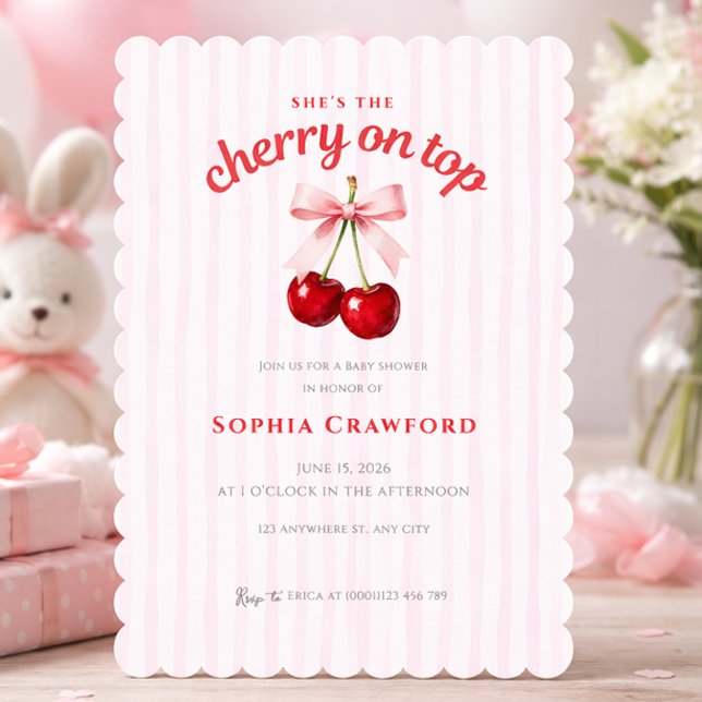 Convite Cereja Doce no Topo Laço Rosa Chá de Bebê (Sweet Cherry on Top Pink Bow Baby Shower Invitation)