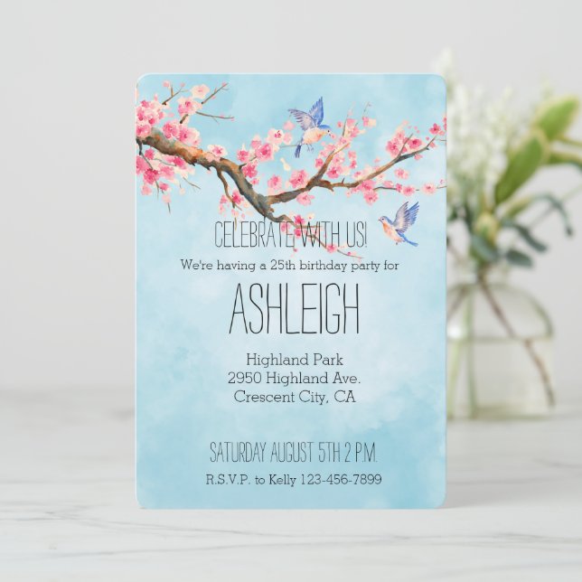 Convite Cereja Flores Flores de Flor Aves   (Em pé/Frente)