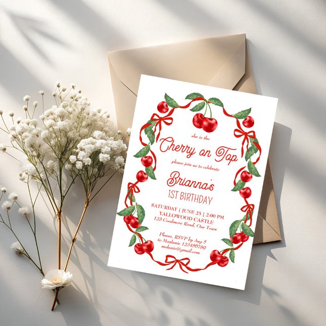 Convite Cereja na festa de aniversário branca da fita supe (She is the Cherry on top red ribbon whimsical cherry birthday party invitation template)