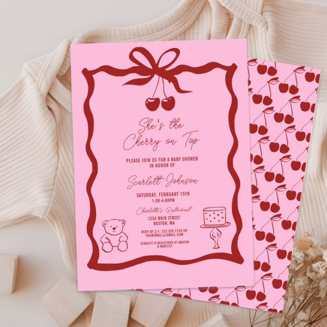 Convite Cereja no Arco superior, rosa e Chá de fraldas ver (She's the Cherry on Top Baby Shower Invitation, It's a Girl, Pink and Red, Hand Drawn, Bow, Chic)