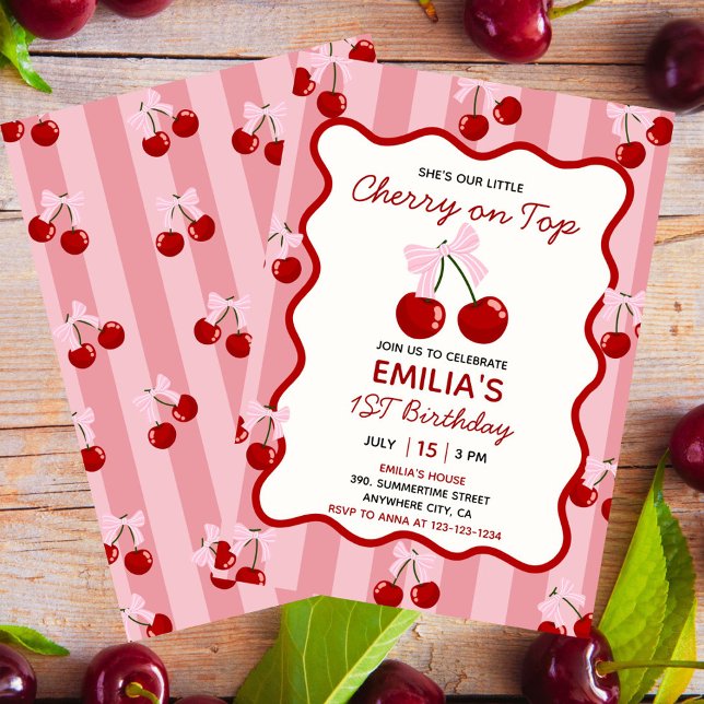 Convite Cereja No Topo Da Garota Rosa Arco De Coquette, An (Cherry on Top First Birthday Invitation for Girls with Pink Bow and Fruit Theme)