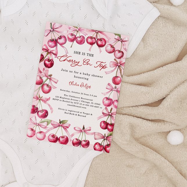 Convite Cereja no topo Framboesas de arco Rosa Chá Bebê (Cherry Baby Shower Invitation – Pink Bow & Berries Coquette Girl Baby Shower Invite)