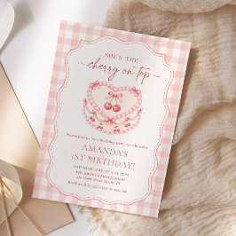 Convite Cereja no Topo Gingham Rosa Aniversário de 1 ano