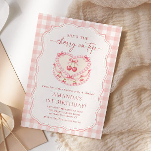 Convite Cereja no Topo Gingham Rosa Aniversário de 1 ano