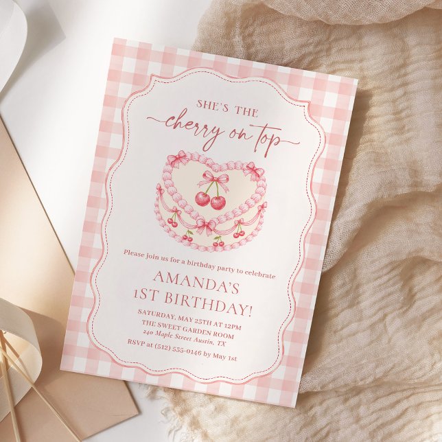 Convite Cereja no Topo Gingham Rosa Aniversário de 1 ano (Criador carregado)