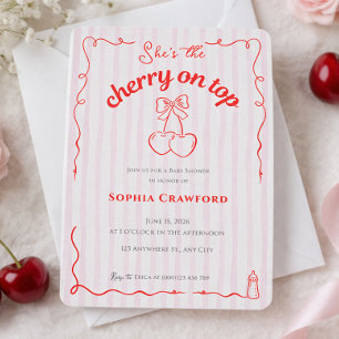 Convite Cereja no Topo Rosa Vermelho Cerejas Chás de Bebê