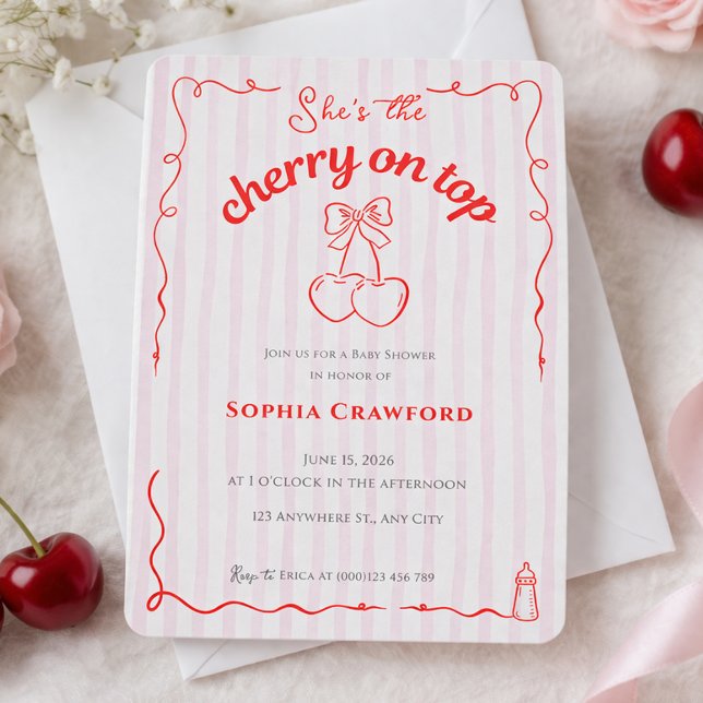 Convite Cereja no Topo Rosa Vermelho Cerejas Chás de Bebê (Red Whimsical Doodle Coquette Cherries Baby Shower Invitation)
