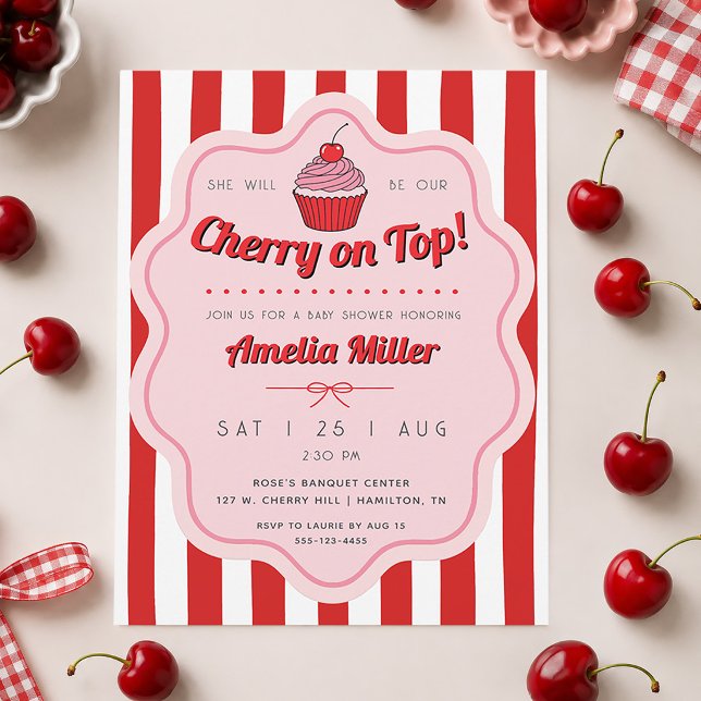 Convite Cereja Retro no Topo do Chuveiro de Bebê Listrado (Retro Cherry on Top Baby Shower Striped Invitation)