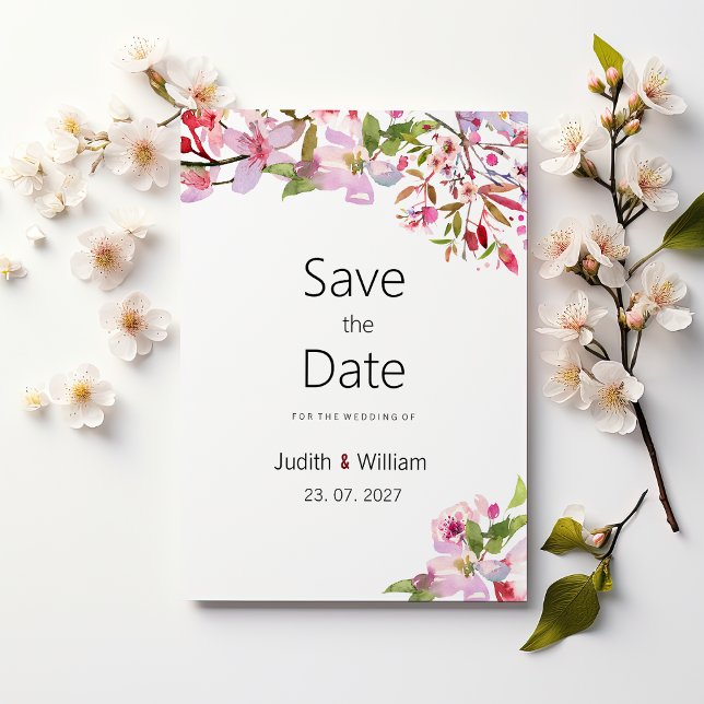 Convite Cereja rosa botânica floresce verão Salve a data (Botanical pink cherry blossom summer Save the Date )