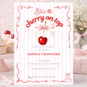 Convite Cereja Vermelha no Topo Laço Rosa Cerejas Chá de B
