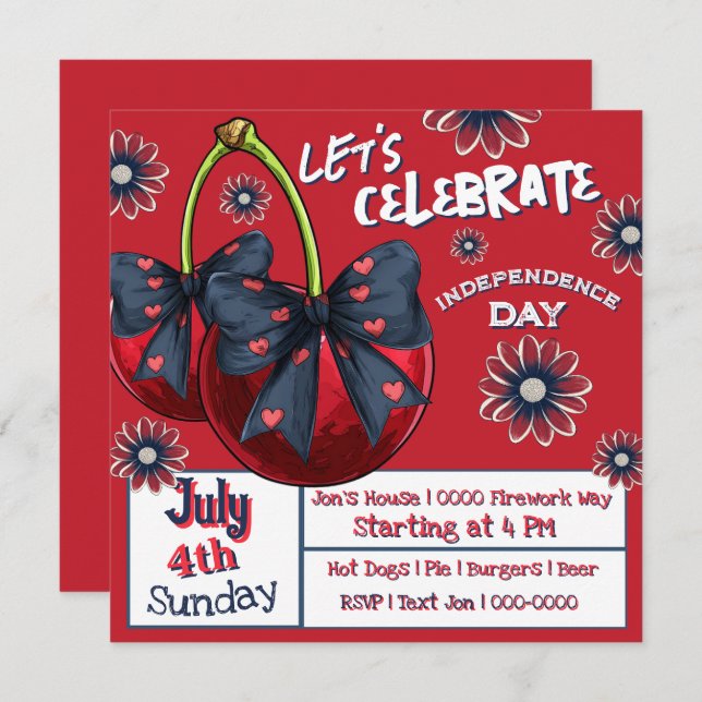 Convite Cerejas com Arcos coqueteiros Vermelho Branco e Az (Frente/Verso)