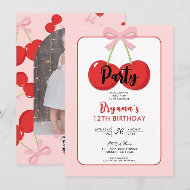 Convite Cerejas Vermelhas com Arco Rosa Coquette Aniversár (Frente/Verso)