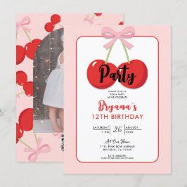 Convite Cerejas Vermelhas com Arco Rosa Coquette Aniversár