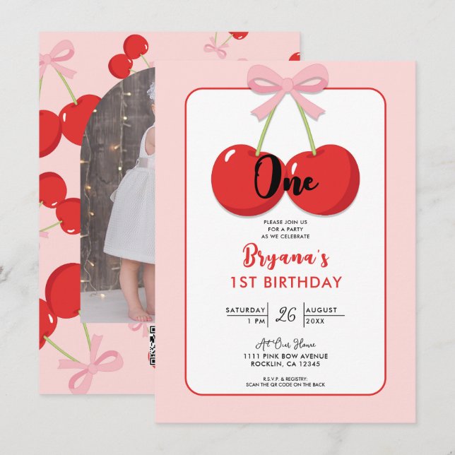 Convite Cerejas Vermelhas com Arco Rosa Coquette Aniversár (Frente/Verso)