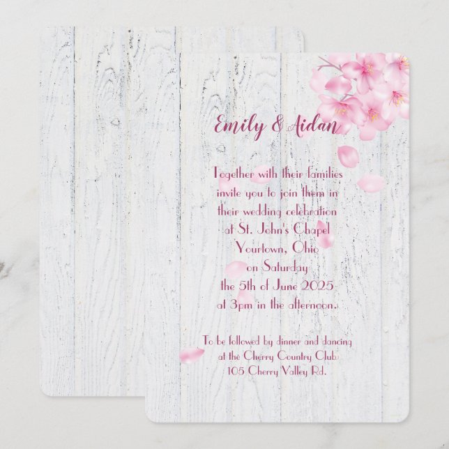 Convite cerejeiras cor-de-rosa em madeira casamento (Frente/Verso)