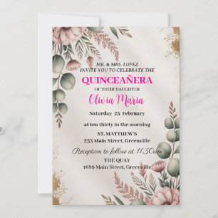 Convite Cerejeiras em Flor Borboletas Dourado Rosa Quincea
