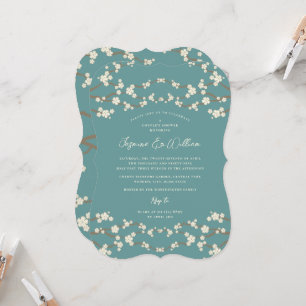 Convite Cerejeiras Rosa Creme Ásia Teal Casamento