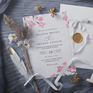 Convite Cerejeiras Rosa Elegante Chique Código QR Casament