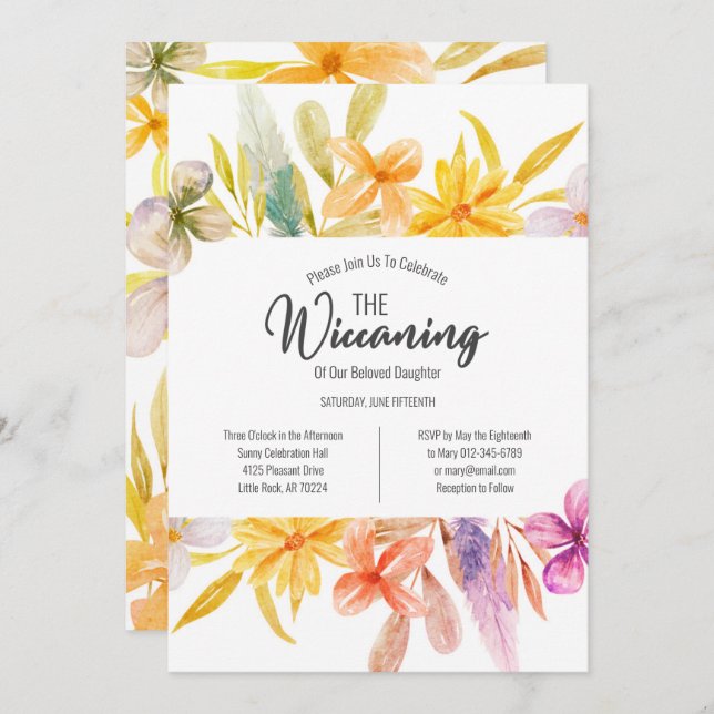 Convite Cerimônia Amarelo de Wiccaning Floral (Frente/Verso)
