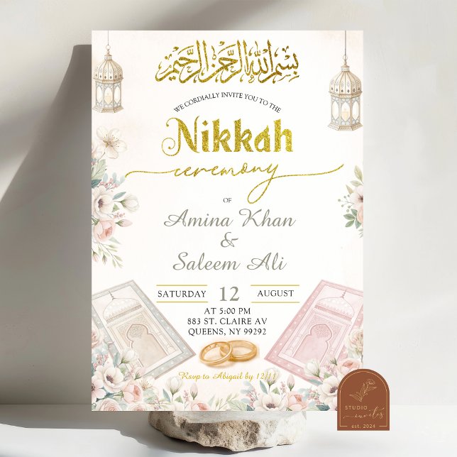 Convite Cerimônia Boho Beige Floral Ameen (Criador carregado)