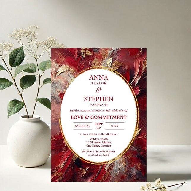 Convite Cerimônia Contemporânea de Compromisso da Elegânci (Contemporary Elegance in Burgundy brushstroke Commitment Ceremony invitation front in situ)