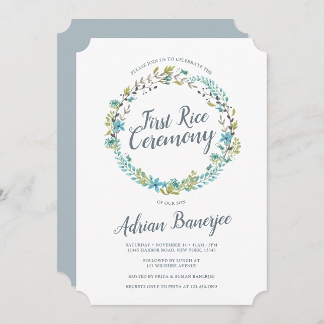 Convite Cerimônia de 1º arroz verde azul (Frente/Verso)
