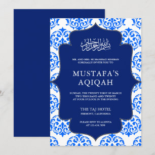 Convite Cerimônia de Aqiqah em Damasco Azul e Branco Islâm