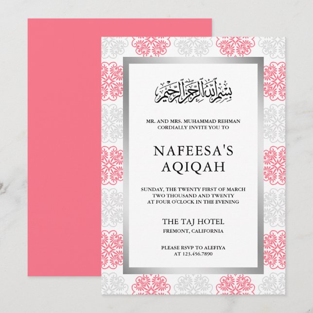 Convite Cerimônia de Aqiqah Muçulmana Floral Cinza e Rosa  (Frente/Verso)